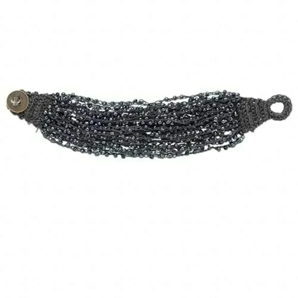 22-Strand Hand Crafted Woven Charcoal Gray Beaded Glass Bracelet with Coin Clasp - Picture 1 of 1